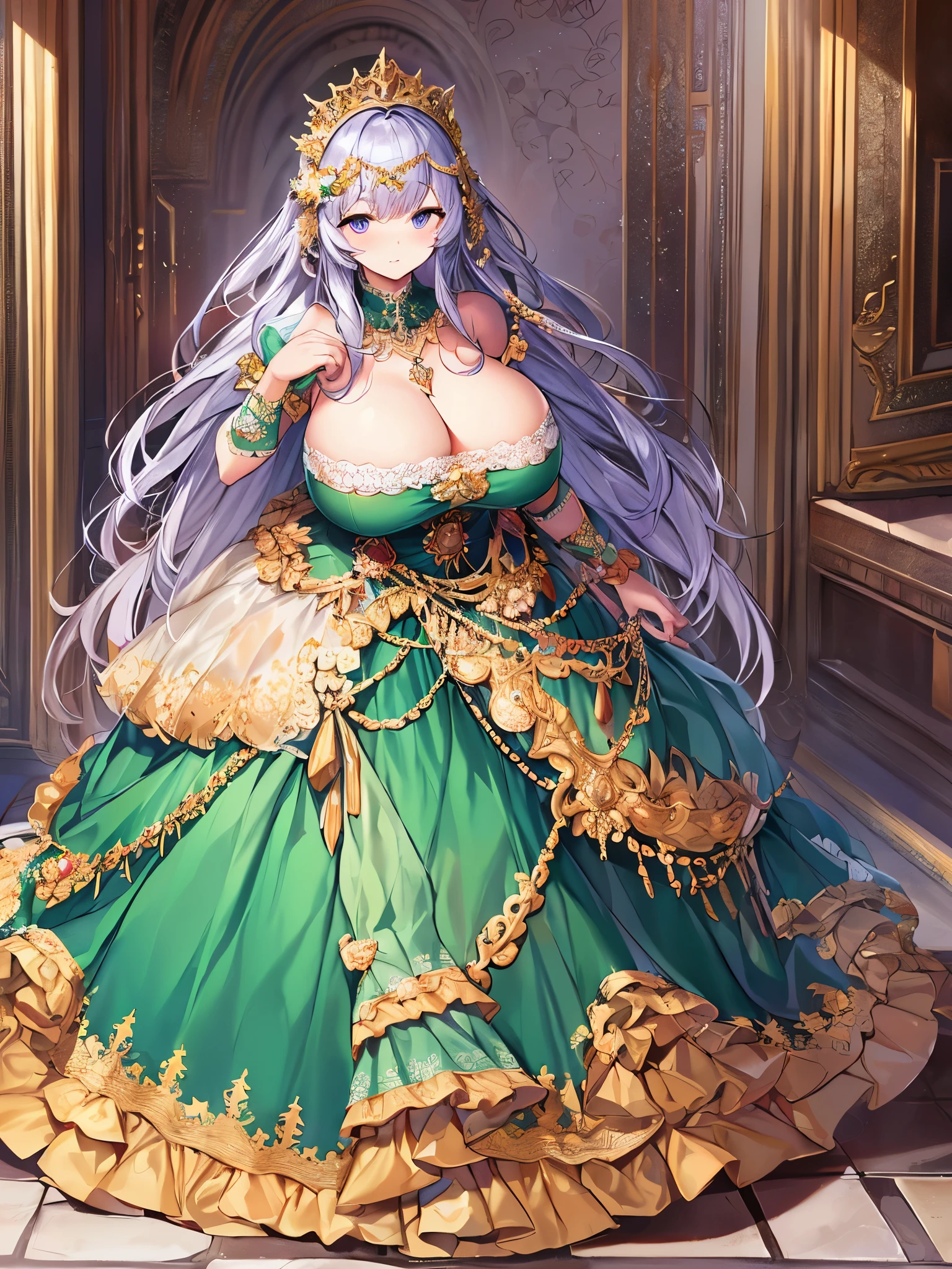 ((moe anime artstyle)),((Masterpiece)),(Best Quality),((Super Detail)),((Very Delicate and Beautiful)),Solo,full body,((full body portrait)),absurdly gigantic tits,(((1 bling-bling princess in beautiful embroidery and jeweled gorgeous rococo ballgown with voluminous full length crinoline hoop skirt))),((((absurdly gigantic tits,curvy)))),deep cleavage,Skindentation,(detailed face and eyes),jewel-like eyes,((crinoline,long train,beautiful embroidery and jeweled lace-trimmed crinoline rococo ballgown with voluminous full length crinoline hoop skirt)),super detailed voluminous gorgeous jeweled rococo ballgown with voluminous full length crinoline hoop skirt,((bling-bling voluminous gorgeous jeweled rococo princess ballgown with voluminous full length crinoline hoop skirt)),((absurdly long Straight hair)),extremely gorgeous hair ornament,((extremely gorgeous big tiara)),luxurious jewelry,((beautiful embroidery and jeweled gorgeous rococo ballgown with voluminous full length crinoline hoop skirt)),((absurdly gigantic tits)),standing pose,palace,Looking at viewer,full body