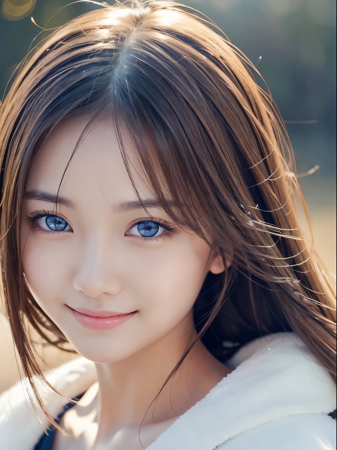masterpiece、1 beautiful girl、Fine brown eyes、Puffy eyes、Highest quality, 超High resolution, (Reality: 1.4), Cinema Lighting、(Japanese)、Asian Beauty、Super Beauty、Beautiful Skin、Slender、View your viewers、Look straight ahead、(Surreal)、(High resolution)、(8K)、(Very detailed)、(Best illustrations)、(Beautiful and detailed eyes)、Blue Eyes,(Ultra-detailed)、 (wallpaper)、Detailed face、Bright lighting、Professional Lighting、Smile a little、