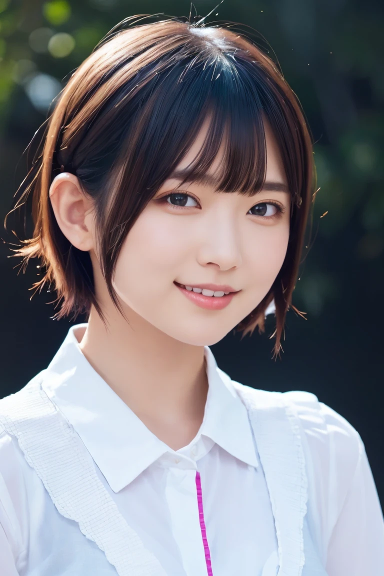 1 girl, (Wearing colorful stage costumes:1.2), Very beautiful Japanese idol portraits, Face close-up, (RAW Photos, highest quality), (Realistic, Realistic:1.4), (masterpiece), Very delicate and beautiful, Very detailed, 2k wallpaper, wonderful, finely, Very detailed CG Unity 8K wallpaper, Very detailed, High resolution, Soft Light, Beautiful detailed girl, Very detailed目と顔, Beautiful and sophisticated nose, Finely beautiful eyes, Cinema Lighting, (Simple light color background:1.3), (short hair), (Bob), Complete Anatomy, Slender body, Small breasts, smile