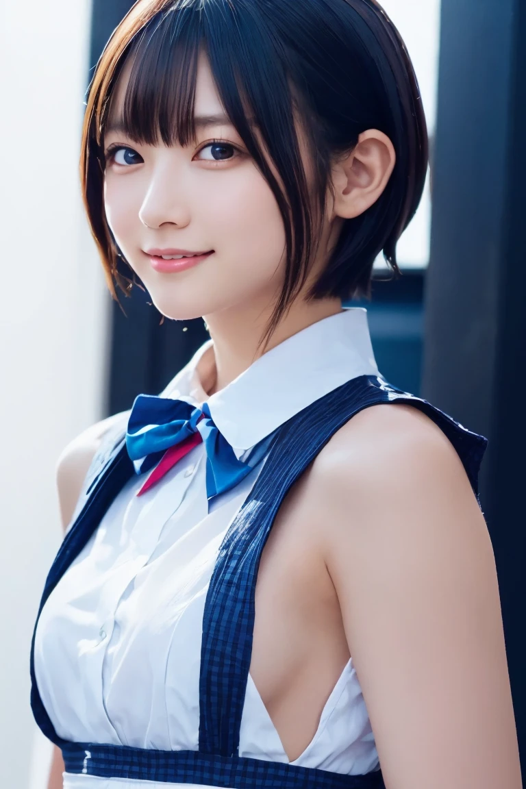 1 girl, (Wearing colorful stage costumes:1.2), Very beautiful Japanese idol portraits, Face close-up, (RAW Photos, highest quality), (Realistic, Realistic:1.4), (masterpiece), Very delicate and beautiful, Very detailed, 2k wallpaper, wonderful, finely, Very detailed CG Unity 8K wallpaper, Very detailed, High resolution, Soft Light, Beautiful detailed girl, Very detailed目と顔, Beautiful and sophisticated nose, Finely beautiful eyes, Cinema Lighting, (Simple light color background:1.3), (short hair), (Bob), Complete Anatomy, Slender body, Small breasts, smile