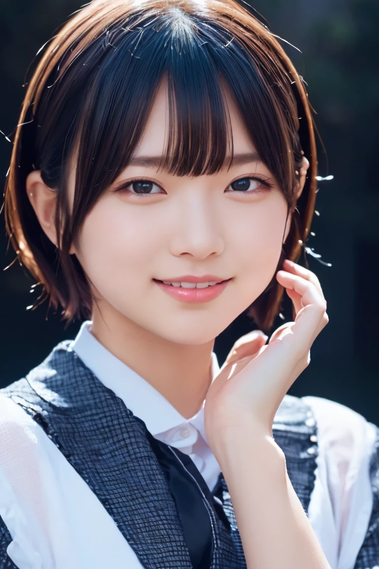 1 girl, (Wearing colorful stage costumes:1.2), Very beautiful Japanese idol portraits, Face close-up, (RAW Photos, highest quality), (Realistic, Realistic:1.4), (masterpiece), Very delicate and beautiful, Very detailed, 2k wallpaper, wonderful, finely, Very detailed CG Unity 8K wallpaper, Very detailed, High resolution, Soft Light, Beautiful detailed girl, Very detailed目と顔, Beautiful and sophisticated nose, Finely beautiful eyes, Cinema Lighting, (Simple light color background:1.3), (short hair), (Bob), Complete Anatomy, Slender body, Small breasts, smile