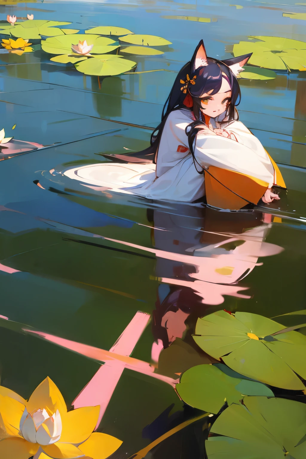 absurd, high resolution, Extremely detailed, (1 Girl:1.3), Hand Painted, Simple lines, -yeld giwearing colorful Chinese Hanfu, Sexy fox ears girl, By the lotus pond, masterpiece, sitting in water, Floating clothes, Flowing hair