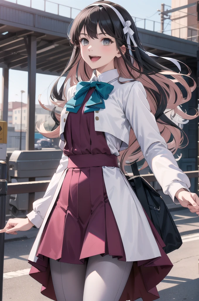 masterpiece, Highest quality, High resolution, Hmm., Profited \(Fleet Collection\), Multicolored Hair, White hair band, White jacket, Purple Dress, , Grey pantyhose, Aqua Bow Tie, Long sleeve, Cowboy Shot, Stand outdoors, smile, Open your mouth,