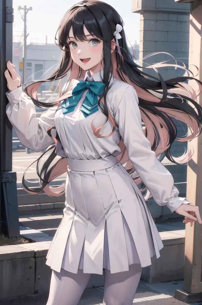 masterpiece, Highest quality, High resolution, Hmm., Profited \(Fleet Collection\), Multicolored Hair, White hair band, White jacket, Purple Dress, , Grey pantyhose, Aqua Bow Tie, Long sleeve, Cowboy Shot, Stand outdoors, smile, Open your mouth,