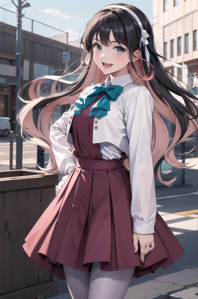 masterpiece, Highest quality, High resolution, Hmm., Profited \(Fleet Collection\), Multicolored Hair, White hair band, White jacket, Purple Dress, , Grey pantyhose, Aqua Bow Tie, Long sleeve, Cowboy Shot, Stand outdoors, smile, Open your mouth,