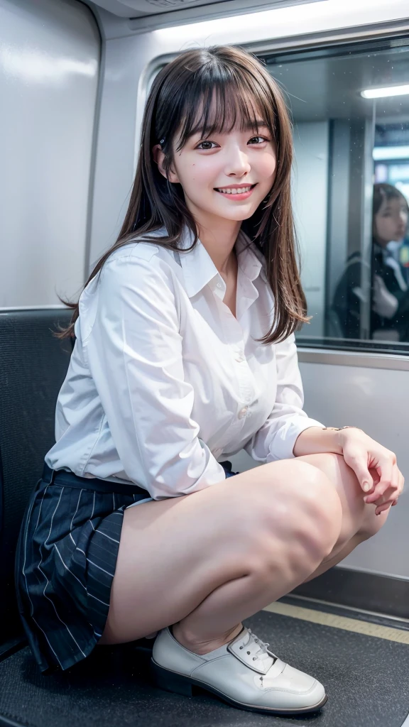highest quality, masterpiece, Ultra-high resolution, (Reality: 1.4), Original photo, One girl, mature, White JK Uniform, happy smile, , squatting on seat in train,  Cinema Lighting