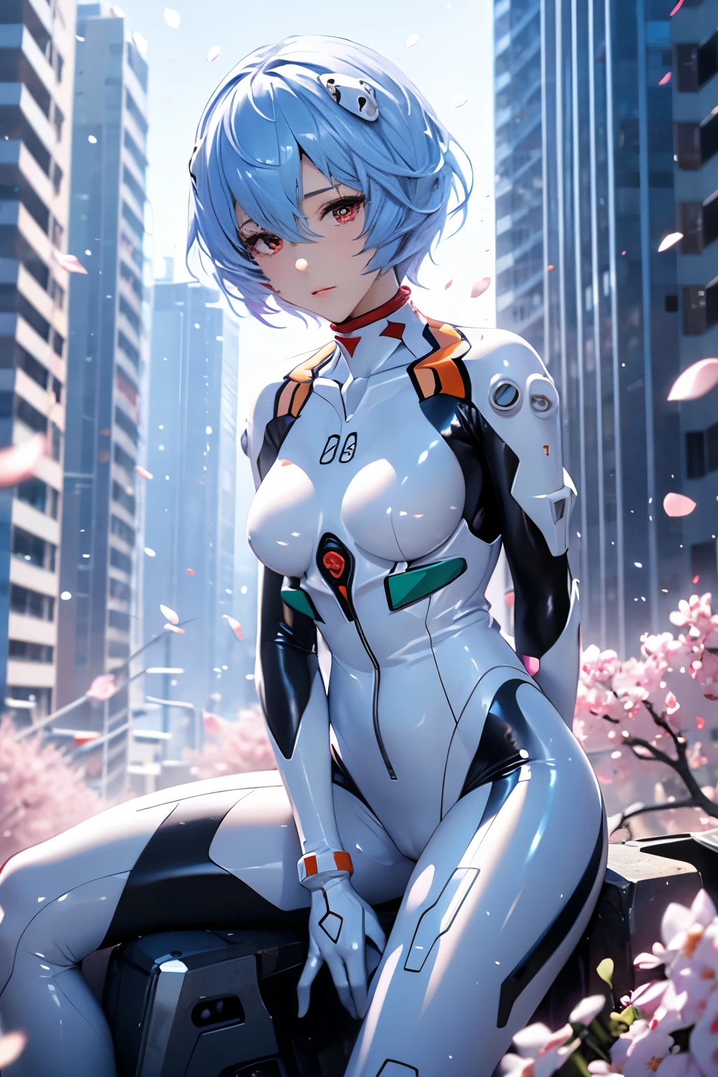 (Realistic, photoRealistic), ayanami, One Girl, Blue Short Hair, White hair ornament, (underwear), Sit on the ground, noon、Sexy pose、Buildings、(Cowboy Shot),(Tabletop, high quality, 最high quality), (colorful),(Delicate eyes and face), Volumetric Light, Ray Tracing, Highly detailed CG Unity 8k wallpaper,alone、((Fluttering petals)),Outdoor, ((cyber punk)), Cyber City, ((Neon Trim)),frontage,(Spread your legs)