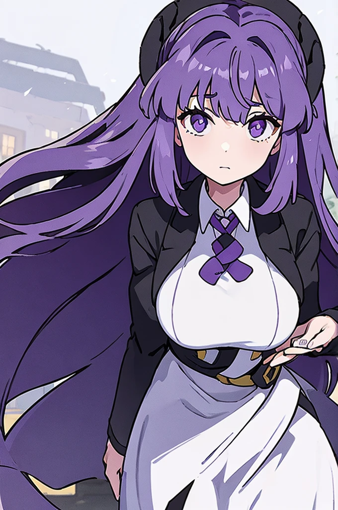 Long purple hair girl,White dress,black jacket,too big breasts,drawing a landscape 