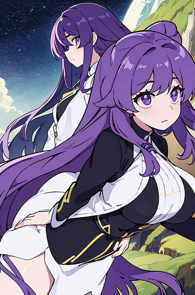 Long purple hair girl,White dress,black jacket,too big breasts,drawing a landscape 