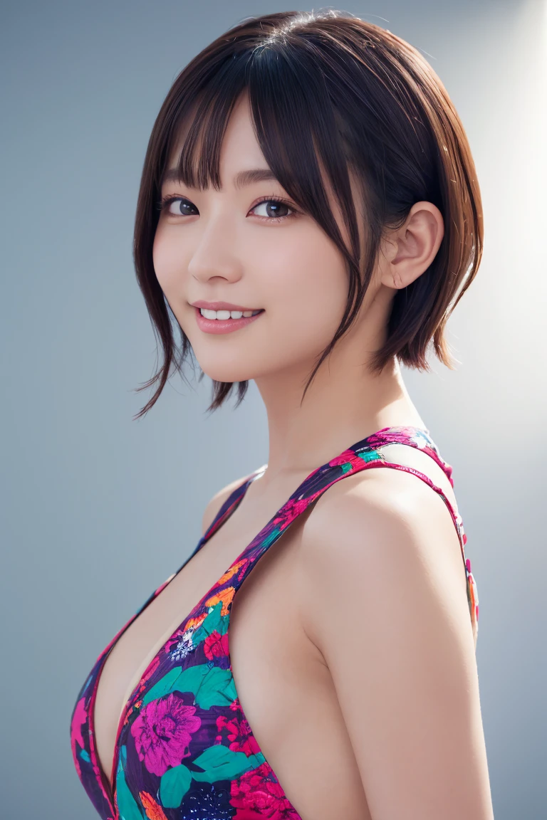 1 girl, (Wearing colorful stage costumes:1.2), Very beautiful Japanese idol portraits, Face close-up, (RAW Photos, highest quality), (Realistic, Realistic:1.4), (masterpiece), Very delicate and beautiful, Very detailed, 2k wallpaper, wonderful, finely, Very detailed CG Unity 8K wallpaper, Very detailed, High resolution, Soft Light, Beautiful detailed girl, Very detailed目と顔, Beautiful and sophisticated nose, Finely beautiful eyes, Cinema Lighting, (Simple light color background:1.3), (short hair), (Bob), Complete Anatomy, Slender body, Small breasts, smile