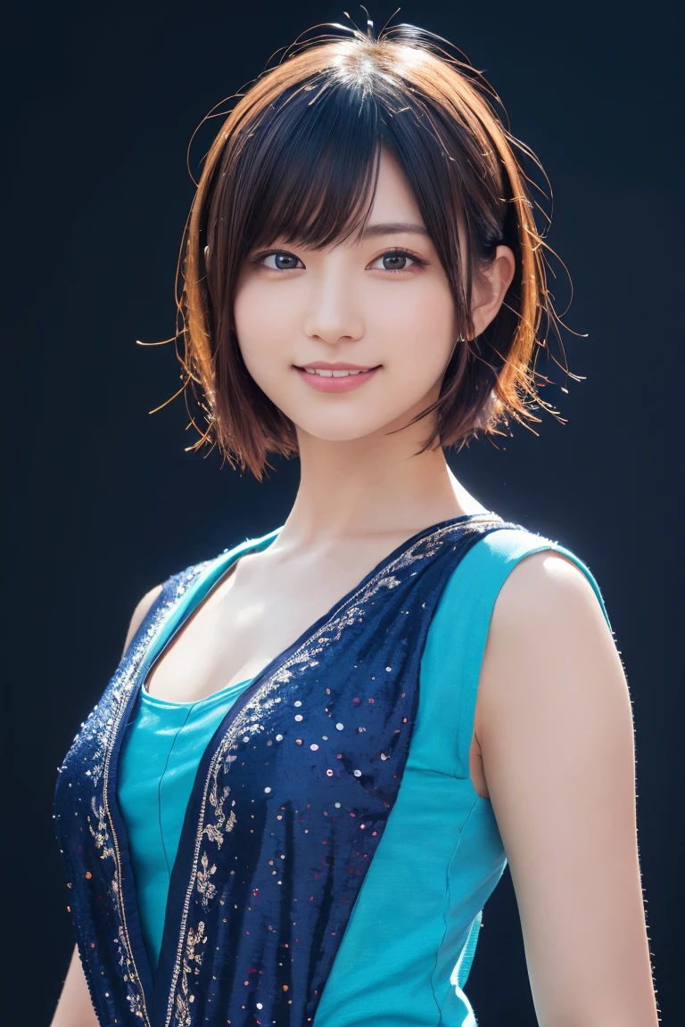 1 girl, (Wearing colorful stage costumes:1.2), Very beautiful Japanese idol portraits, Face close-up, (RAW Photos, highest quality), (Realistic, Realistic:1.4), (masterpiece), Very delicate and beautiful, Very detailed, 2k wallpaper, wonderful, finely, Very detailed CG Unity 8K wallpaper, Very detailed, High resolution, Soft Light, Beautiful detailed girl, Very detailed目と顔, Beautiful and sophisticated nose, Finely beautiful eyes, Cinema Lighting, (Simple light color background:1.3), (short hair), (Bob), Complete Anatomy, Slender body, Small breasts, smile