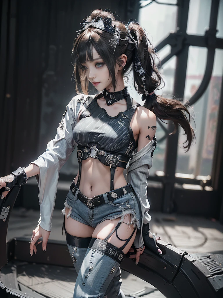 (Full Body View:1.4)、(Back view:1.4)、(Smiling with teeth showing:1.3),(Shibuya Gal:1.5)、(Gothic Lolita style fashion:1.5)、(Punk RockVisual Kei:1.5)、(Wearing a rhythmic gymnastics bodysuit with intricate details:1.4)、(Racing suit and pants with intricate decorations in white, denim and charcoal:1.5)、(Denim and light blue and white boots:1.3)、((belt))、(Numerous delicate logo marks all over the costume:1.4)、(collar:1.3)、(Striped underwear:1.5)、30 years old、NSFW、((Highest quality、In 8K、masterpiece:1.3))、Sharp focus:1.2、(Layered Cut、Huge boobs:1.1),Beautiful woman with perfect figure:1.4、(Dancing vigorously:1.3)、Slender Abs:1.2、Highly detailed face and skin texture、Detailed eyes、double eyelid,(Twin tails:1.3)、(Brown Hair:1.3)、Gravure idol、(The background is the stage of the fashion show:1.3)、(Slim body:1.3),(Make your legs thinner:1.4),(clavicle:1.1)、(Thin and slim thighs:1.3)