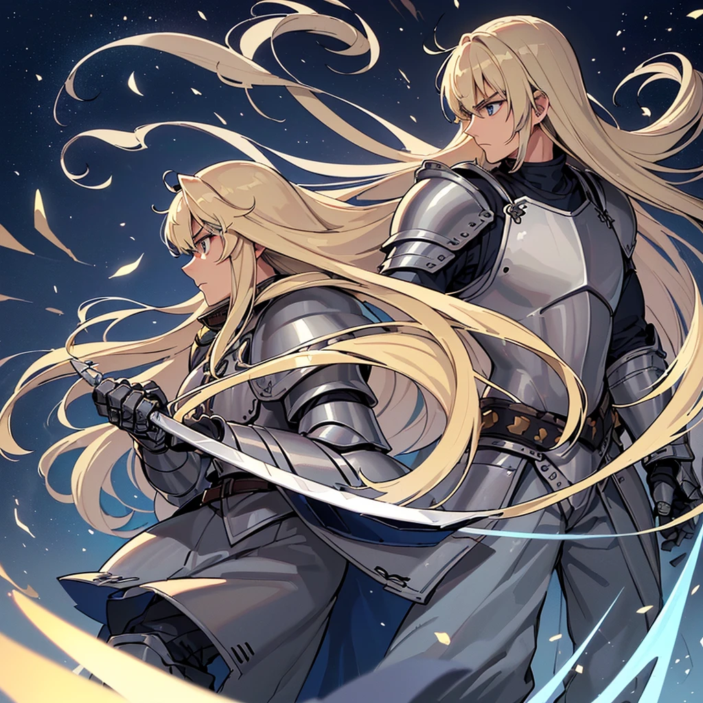 ((((Solo))))、Highest quality, Best Quality, Best illustrations, (((Grey Armor)))、(((Blond long hair man、Long-haired man、male、24-years-old、Cool guy)))、(Medieval Knight)、(Navy blue trousers)、(get annoyed)、Glowing blue aura、(Grab the sword、Ready your sword)、Movement angle、(From the side、profile)