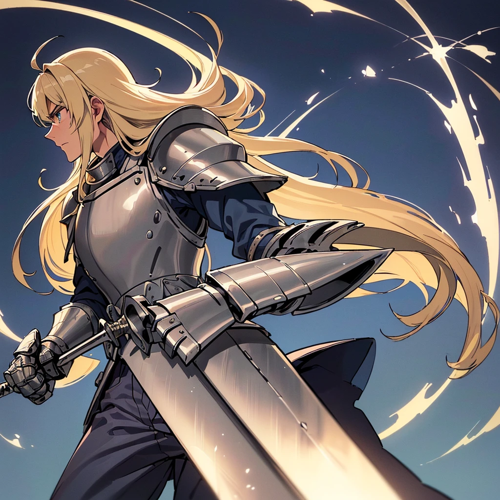 ((((Solo))))、Highest quality, Best Quality, Best illustrations, (((Grey Armor)))、(((Blond long hair man、Long-haired man、male、24-years-old、Cool guy)))、(Medieval Knight)、(Navy blue trousers)、(get annoyed)、Glowing blue aura、(Grab the sword、Ready your sword)、Movement angle、(From the side、profile)