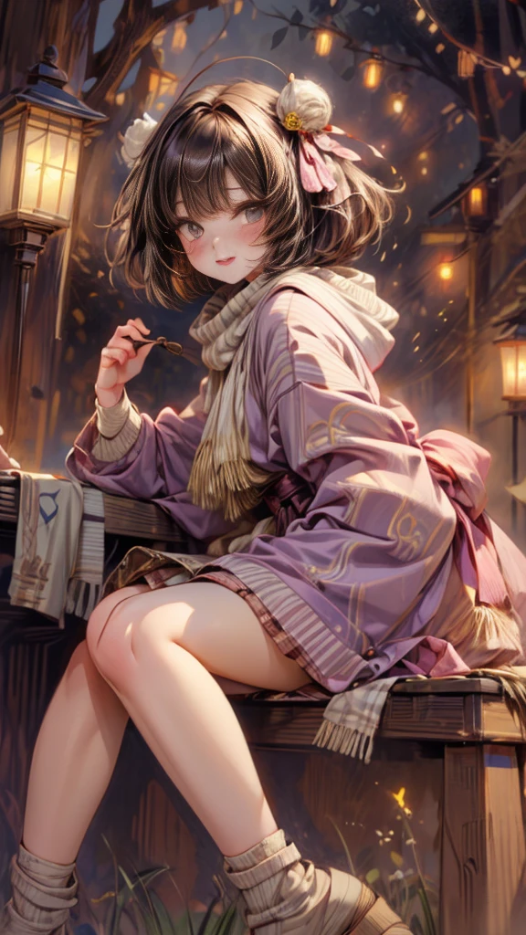 tmasterpiece、8K、32k、quality、(Detailed eyes)、Long brown hair,colours,(A lovely Japanese woman、through bangs)、23years old、1 girl in、elegant、(Detailed background depiction、Abortion:1.2)、(bob cuts:1.3)、(lamplight、yuki:1.4)、(slalom:1.2)、(wool poncho、Plaid mini skirt、upper legs, upper legs, upper legs:1.2),(face flushed、cheerful:1.4)、(Look from the bottom up:1.3)