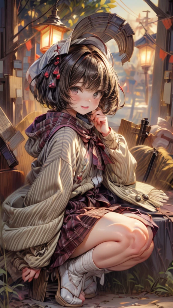 tmasterpiece、8K、32k、quality、(Detailed eyes)、Long brown hair，colours，(A lovely Japanese woman、through bangs)、23years old、1 girl in、elegant、(Detailed background depiction、Abortion:1.2)、(bob cuts:1.3)、(lamplight、yuki:1.4)、(slalom:1.2)、(wool poncho、Plaid mini skirt、upper legs, upper legs, upper legs:1.2)，(face flushed、cheerful:1.4)、(Look from the bottom up:1.3)