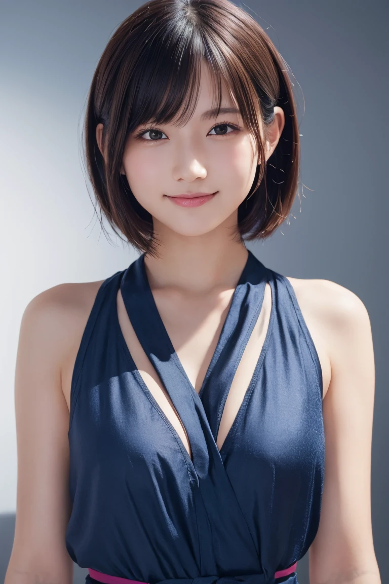 1 girl, (Wearing colorful stage costumes:1.2), Very beautiful Japanese idol portraits, Face close-up, (RAW Photos, highest quality), (Realistic, Realistic:1.4), (masterpiece), Very delicate and beautiful, Very detailed, 2k wallpaper, wonderful, finely, Very detailed CG Unity 8K wallpaper, Very detailed, High resolution, Soft Light, Beautiful detailed girl, Very detailed目と顔, Beautiful and sophisticated nose, Finely beautiful eyes, Cinema Lighting, (Simple light color background:1.3), (short hair), (Bob), Complete Anatomy, Slender body, Small breasts, smile