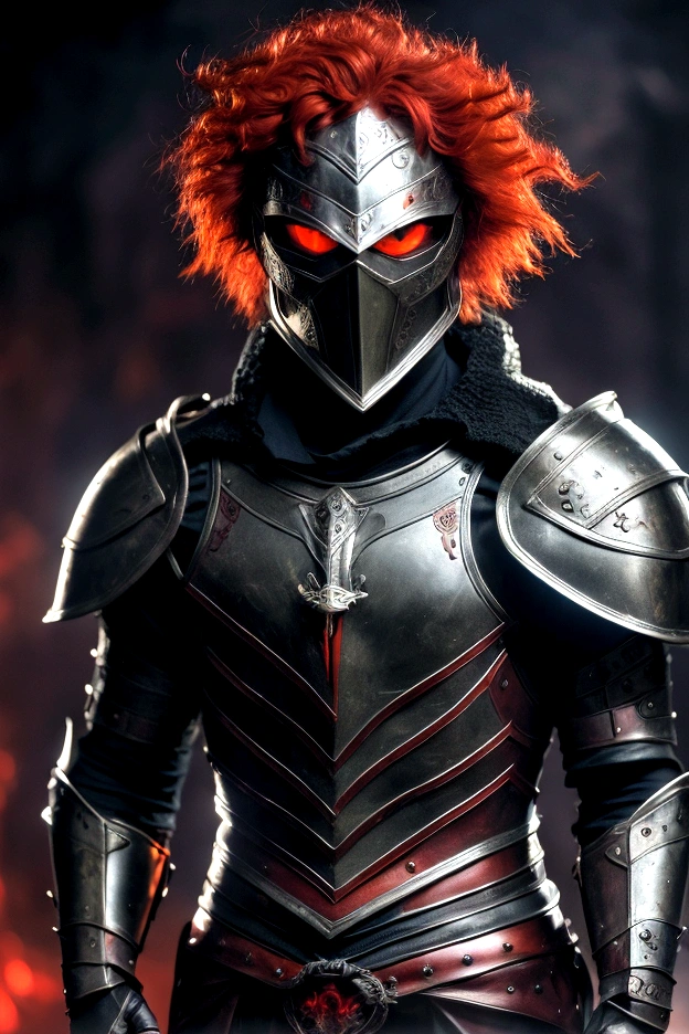 (masterpiece), best quality, boy, menacing boy, black armor, black helmet with red eyes, short bright red hair, glowing hair, eyes with a red aura, holding a black sword with a red aura, a red aura surges around him, His hair is rising from the red power, short hair, helmet around the entire head,