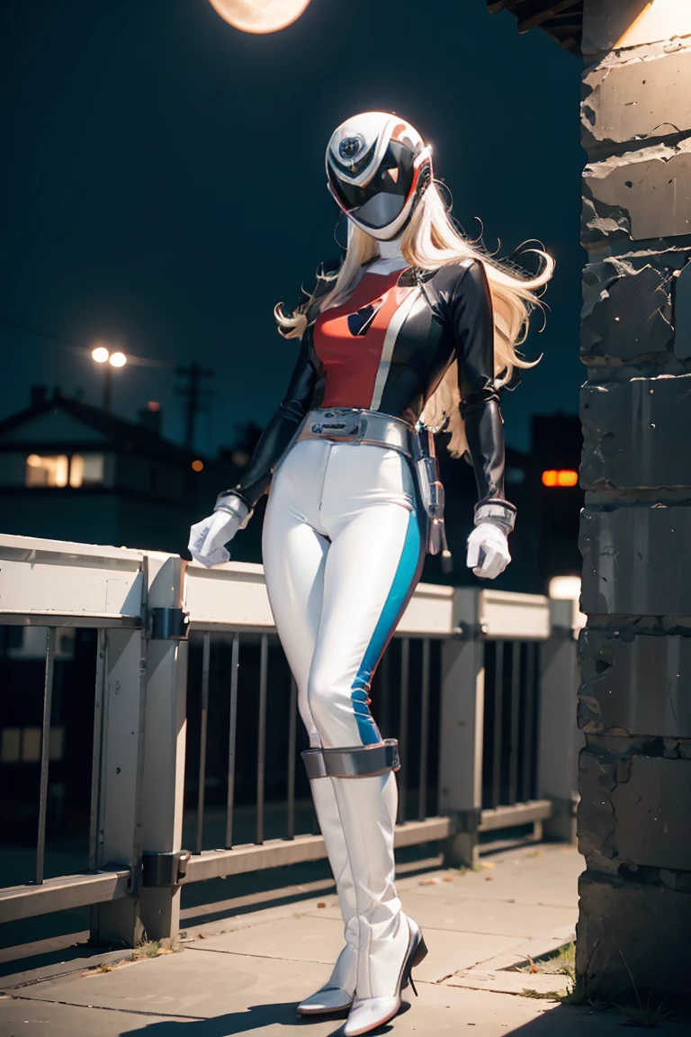 (Masterpiece, Superb Quality, Super Detail, High Resolution), Male Focus, (((Kamen Rider Empty Me))), (((Mechanized))), (Body Details), (She Has Long White Hair, Big Breasts, Slim), (Standing Pose), Pose for Photo, Top View, City Ruins, Background Details, (((Full Body))), From Above, Solo