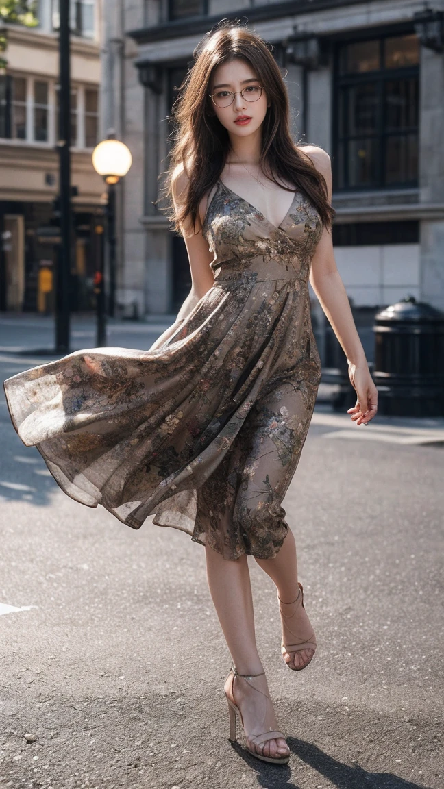 21yo girl, beautiful, brown bob hair, (glasses on head), (wearing floral motif dress), (wearing high heels), long dress, natural big breast, plumpy body, in london street 90s, modern cinematic lighting, ray tracing, drop shadow wide shot UHD, textured skin, high details, best quality 4K, jumping pose, looks graceful, Grunge style create a photo realistic image that the viewer has never envisioned before,the image should demonstrate extreme creativity,imaginative,bold,inspiring,original in subject,original in style,amazing composition,intricately detailed,absurdly complex.