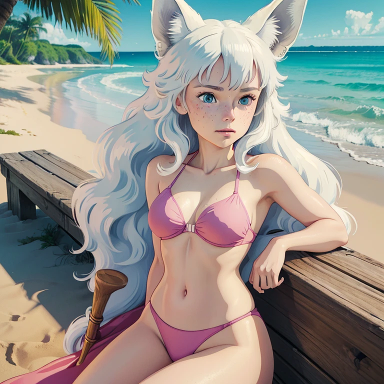 (best quality,4k,8k,highres,masterpiece:1.2), ultra-detailed, realistic:1.37, young solo girl, detailed blue eyes, fox ears,fox tail, freckles, cute, white hair, long wavy hair, portrait, vibrant colors, soft lighting, on the beach, wearing a pink Bikini 