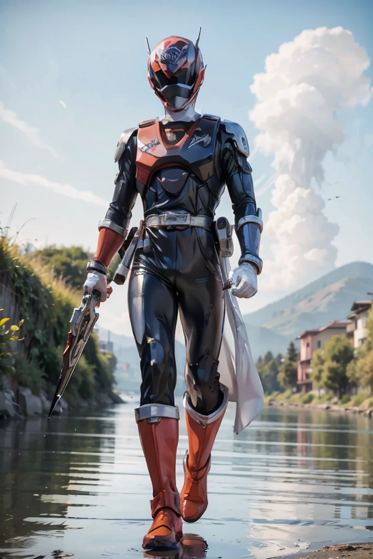 The sunset flies with the lonely geese in the distance, and the autumn river water and the vast sky are connected, icons,1boy, white, full body, Illustration, cinematic light, high resolution, best quality, ultra detailed, masterpiece, power suit, powerranger, suit, spd, (silver royal guard ranger suit), gold detail