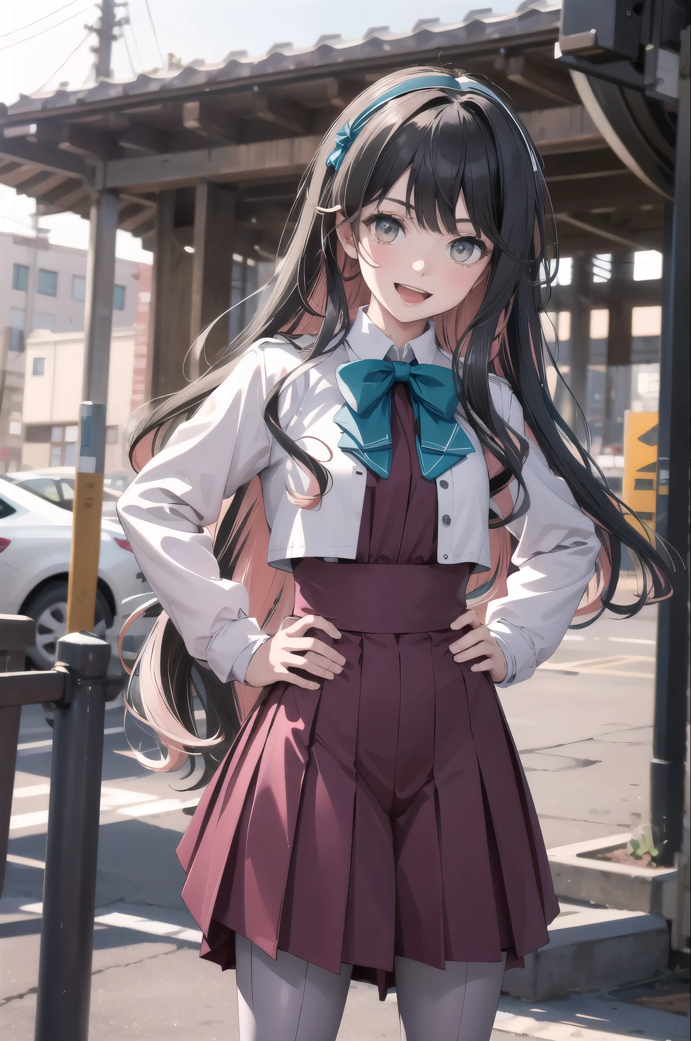 masterpiece, Highest quality, High resolution, Hmm., Profited \(Fleet Collection\), Multicolored Hair, White hair band, White jacket, Purple Dress, , Grey pantyhose, Aqua Bow Tie, Long sleeve, Cowboy Shot, Stand outdoors, Hands on hips, smile, Open your mouth,