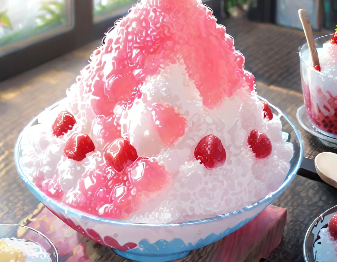 Shaved ice in a glass bowl、Strawberry Shaved Ice、Vanilla ice、A  stuffs her cheeks with a wooden spoon