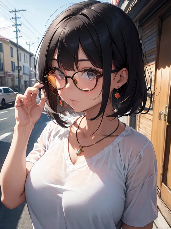 (masterpiece:1.2), Highest quality,sexy,Big Breasts, alone, Colored glasses, jewelry, hair ornaments, View your viewers,One girl, short hair,Earrings, whole body, hair 花, Colored glasses, sunglasses, necklace, bangs, Gray Hair, Round Glasses, Earrings