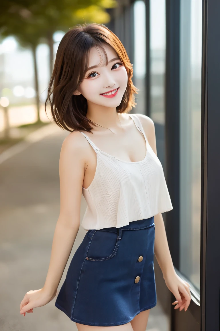 Highest quality, (beautiful)、A mini skirt fluttering in the wind、Tank top、Hair blowing in the wind、Soft 、smile、A strong wind is blowing、Semi-short hair、Shoot from above