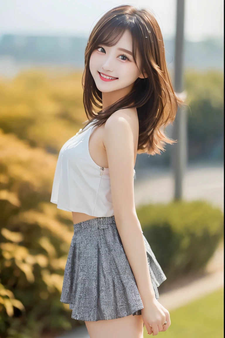 Highest quality, (beautiful)、A mini skirt fluttering in the wind、Tank top、Hair blowing in the wind、Soft 、smile、A strong wind is blowing、Semi-short hair、Shoot from above