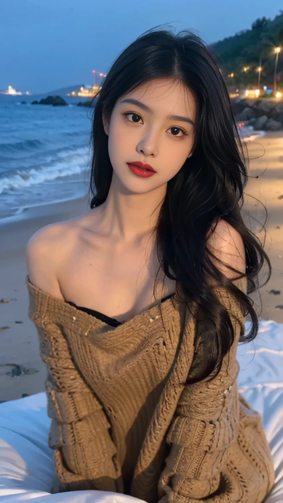towards the camera,put a face to the viewer,stand on all fours,High image quality,works of masters,daughter,black hair,long hair shawl,long hair flowing over shoulders,cropped shoulder,clavicle,exquisite face,moist red lips,fancy dress,clavicle,towards the camera,Single photo,hosiery,sad expression,bust,real person,(ocean,sandy beach),CG rendering,16,000,lying in bed,Put your hands behind your head.,look into the camera,The night scenery was beautiful, farewell,hyper hd,The details were perfect,the picture is real,Extreme picture quality,Highest accuracy,8K 해상도,shade of darkness,8K, yes ,Ultra HD,8K