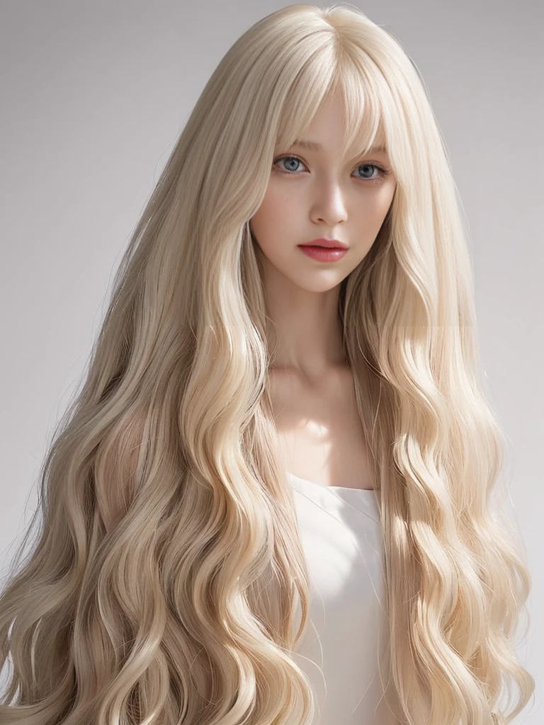 (White wall background:1.4. Upper body photo from the knees up)　((Random hip poses showing as much back and hair as possible))　((Beautiful model with long platinum blonde hair, girl with super length Hair, extremely length Hair, extra length Hair, very long, Flowing Hair, very length Hair, length Hair girl, very long, Flowing platinum blonde hair, length Hair windy, very longプラチナブロンドヘア, length, Flowing Hair, length and or curly hair, with length Hair, length Hair!!!!　Her Highest quality hair is long and 真っ直ぐ or curly hair very long, Highest qualityのプラチナブロンド, length hair in the center, Highest quality long Straight or curly hair, length, Straight or curly hair, beautiful, High quality platinum blonde hair, length and platinum blonde hair highest quality Straight or curly hair, length Hair, length and Straight or curly hair, Highest qualityのプラチナブロンドヘア, Perfect silky Straight or curly hair of the Highest quality, Straight or curly hair, Highest qualityのプラチナブロンドヘア, length platinum blonde hair　Straight or curly hair, length, Bright platinum blonde hair　Her hair is long and Straight or curly hair, very longプラチナブロンドヘア, length hair in the center, length Straight or curly hair, length, Straight or curly hair, beautiful hair of the Highest quality, length Hair, length, Straight or curly hairプラチナブロンドヘア , length and free Straight or curly hair Platinum blonde hair, Straight or curly hair Platinum blonde hair))　(Her bangs are perfect.:1.3)　((Highest quality))　((masterpiece))　(family friendly)　(Get used to it)　　(Received a sensual make-up treatment by a professional make-up artist....　Exquisite texture:1.4　Bright red lipstick!!!　Beautiful black eyeliner)　Perfect Woman&#39;face　(Her face is dignified そして sexy)　((Her eyebrows are very thin:1.8))　Perfect Woman&#39;face　(Her face shape is thinner than average:1.8)　(Her eyes are larger than average:1.8　Her nose is higher than average:1.8)　(She is more glamorous than the average French woman.:1.5　Her skin is the typical complexion of the Caucasian race.　Her skin is of very high quality and ultra high definition. 
