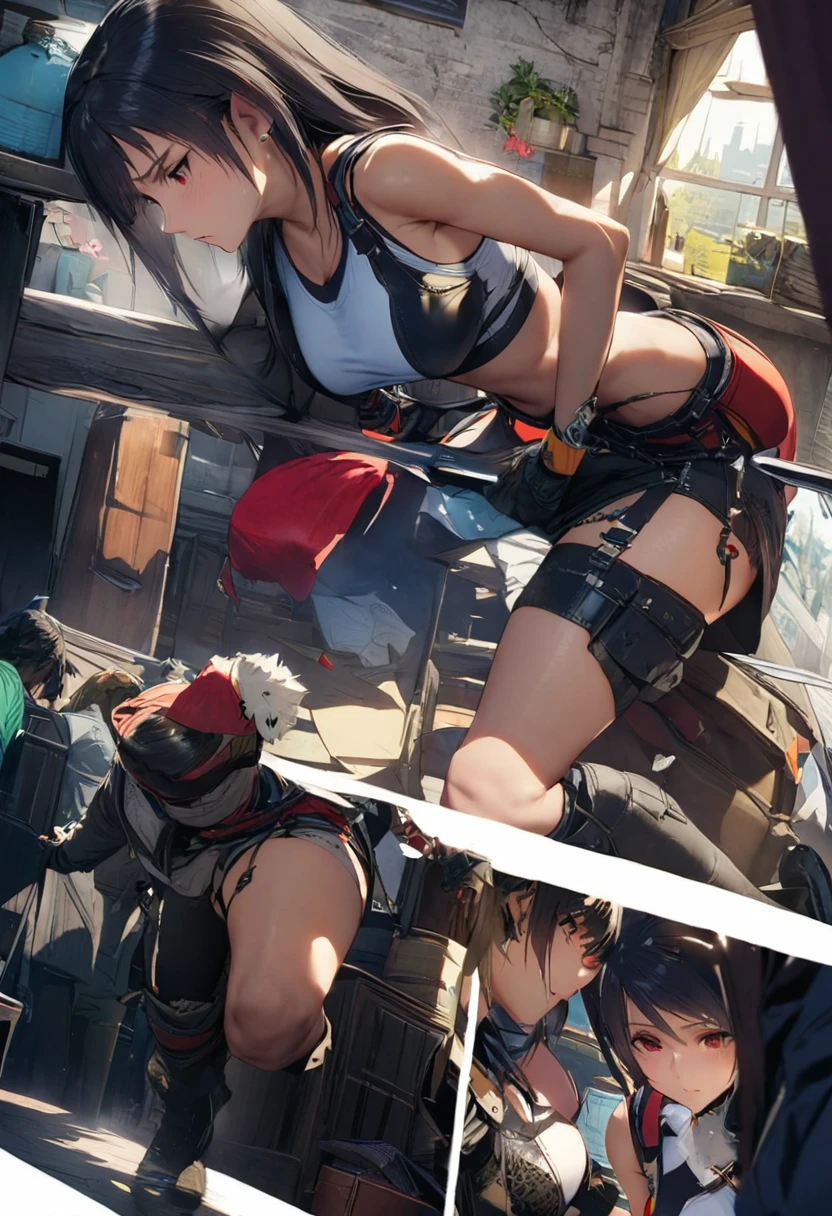 tifa_outfit,Comic board:2, daily life scenes,anatomy correct, masterpiece,ultraclear,hyper HD,the detail,beautiful