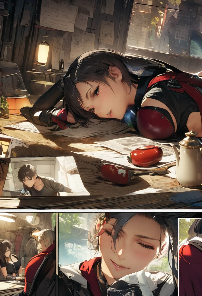 tifa_outfit,Comic board:2, daily life scenes,anatomy correct, masterpiece,ultraclear,hyper HD,the detail,beautiful