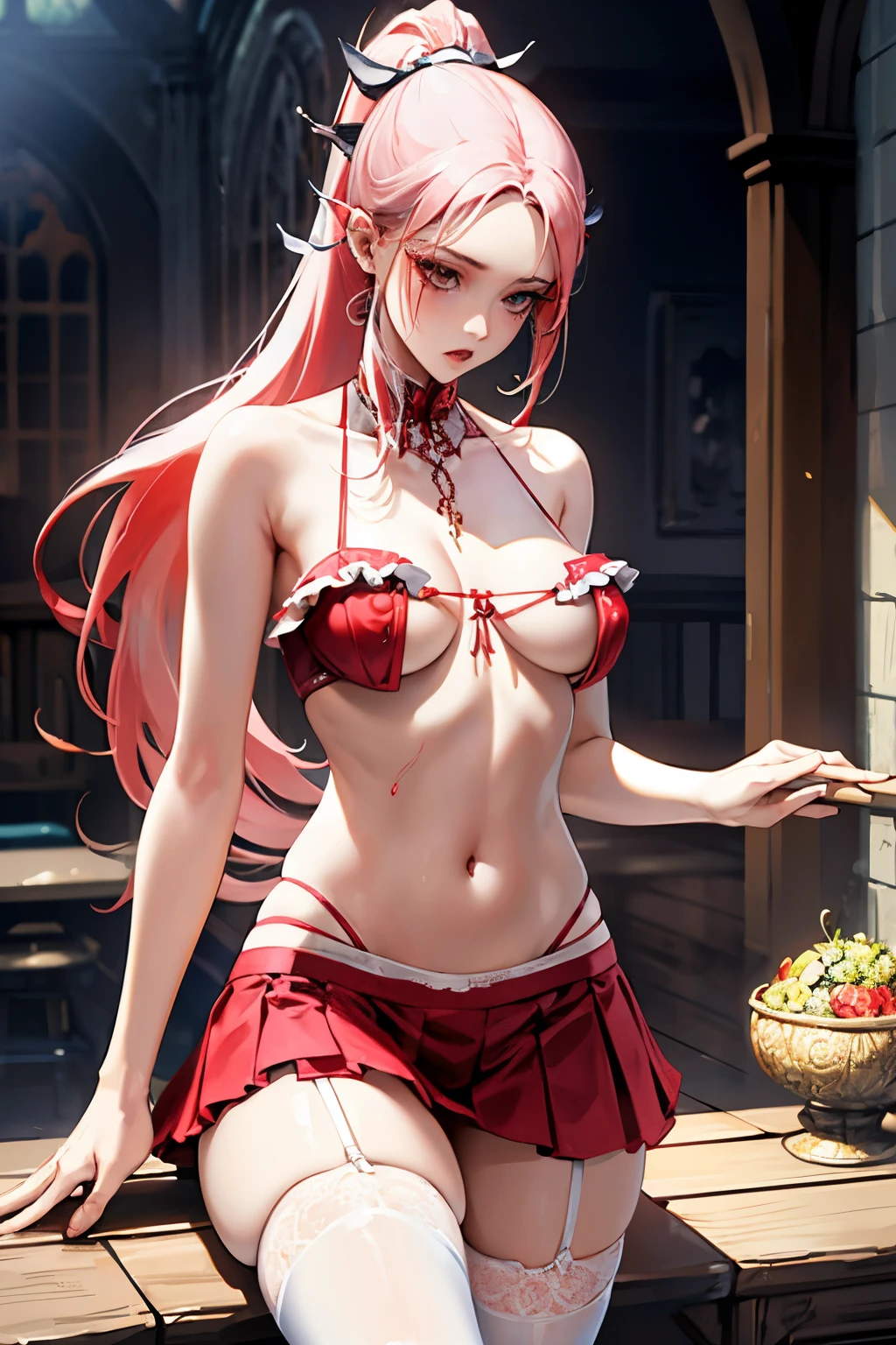 ((best quality)), ((masterpiece)), (detailed), NSFW, small breasts, prominent collarbones, skinny arms, flat stomach, visible hip bones, long hair, red hair, white hair, blonde hair, dark hair, ponytail, thick ponytail, heavy ponytail, red and white clothing, Bloodborne inspired, occult aesthetic, occult, detailed and intricate steampunk and detailed gothic, NSFW Fluttering lace frilly petticoats, pleated petticoats