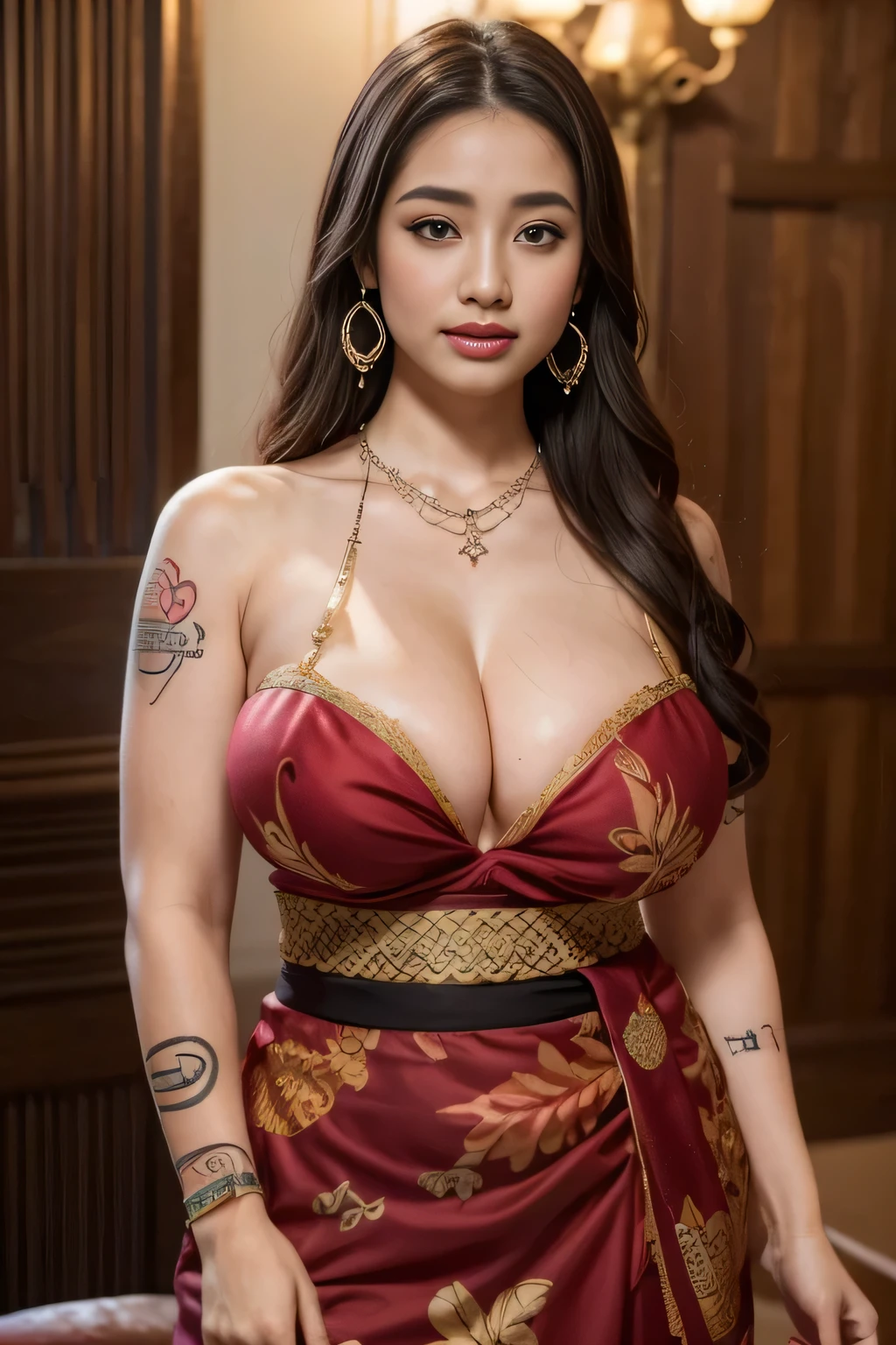 (realistic:1.3), A beauty girl with tattoos on body, beautiful art tattoo detailed, ((text tattoo on her breast: LOVE)), detailed beautiful eyes, big breast, cute chubby, baby face, insane detailed, quality, (masterpiece:1.2), (photorealistic:1.2), (best quality), (detailed skin:1.3), (intricate details), ray tracing, ((half body)), (((1girl))), (((1 person))), 20 years old, black hair, smile, batik dress, skirt with pattern, color contrast between the dress and the skirt, skirt pattern, earrings, necklace, Javanese ornament, (blurred background)