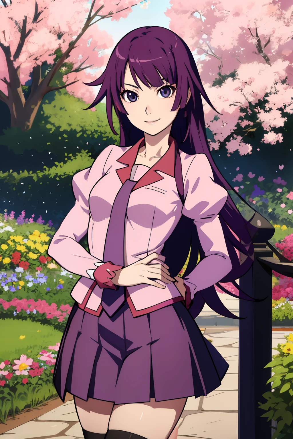 masterpiece, Highest quality, High resolution, Detailed face, Face Focus, Anime Coloring,
garden, Flowers, Cowboy Shot, smile, Dawn,
One girl, alone, View your viewers, lean forward, Put your hands behind your back, 
Hitagi Senjougahara, Long Hair,  Medium chest, bangs, Senjougahara Hitagi,
Knee socks, Long sleeve, Pink Shirt, , Pleated skirt, tie, Puffy sleeves, black Knee socks, zettai ryouiki, Juliet Sleeve, Naoetsu High School 