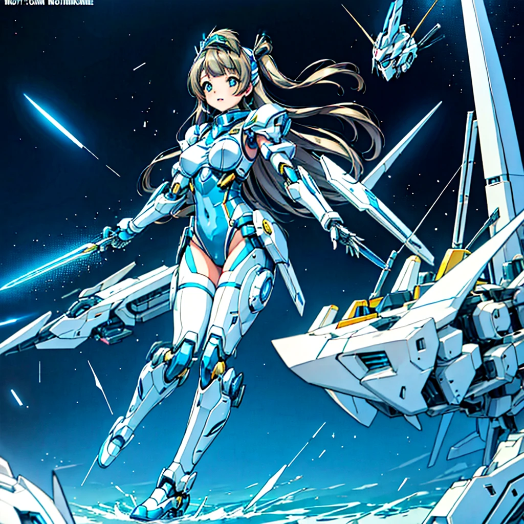 masterpiece, high quality, Cyborgization、Destroyed gynoid cyborg body、The face is of Minami Kotori.、mechanical parts、Blue and white leotard armor、solo focus、Single image、from front, full body、Mechabare、damage、The body is destroyed, exposing the precision machinery、Barcode on thigh