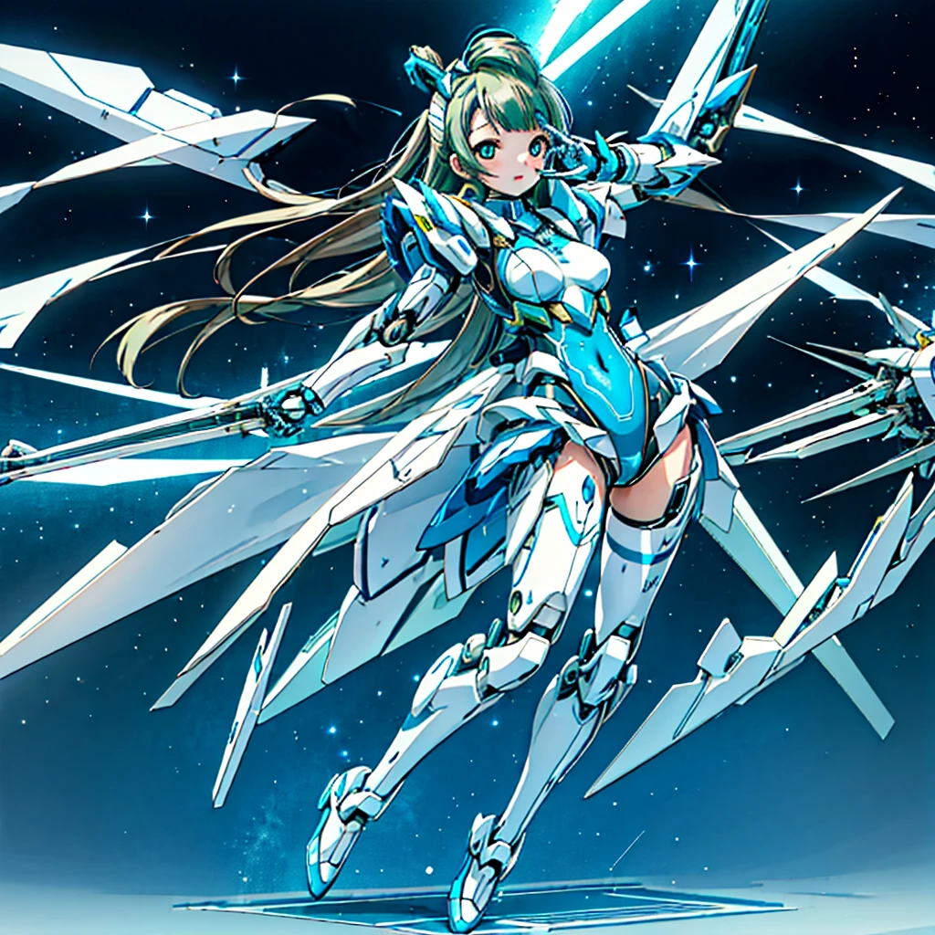 masterpiece, high quality, Inside the Institute of Mechanization、On the operating table during remodeling surgery、Minami Kotori, who has been turned into a mechanical body cyborg、Gynoid cyborg body modification surgery、mechanical parts、Blue and white leotard armor、Single image、from front, full body