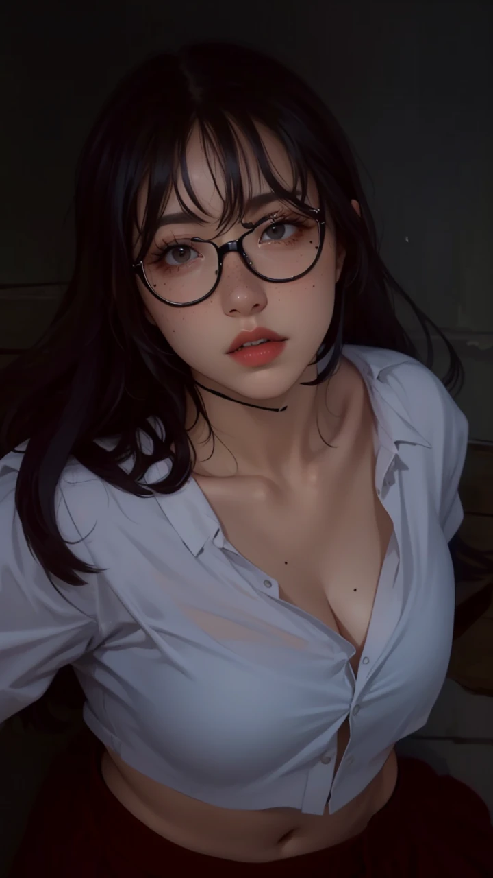 masterpiece, best quality,3d rending work ,3DMM style,close-up,portrait, 3D,1girl, solo, multicolored hair, blue hair, black hair, necklace, freckles, jewelry, two-tone hair, looking to the side, realistic, upper body, simple background, bangs, looking away, short hair, parted lips, black eyes, lips, gothic, choker, makeup, mole, black shirt, shirt, with big