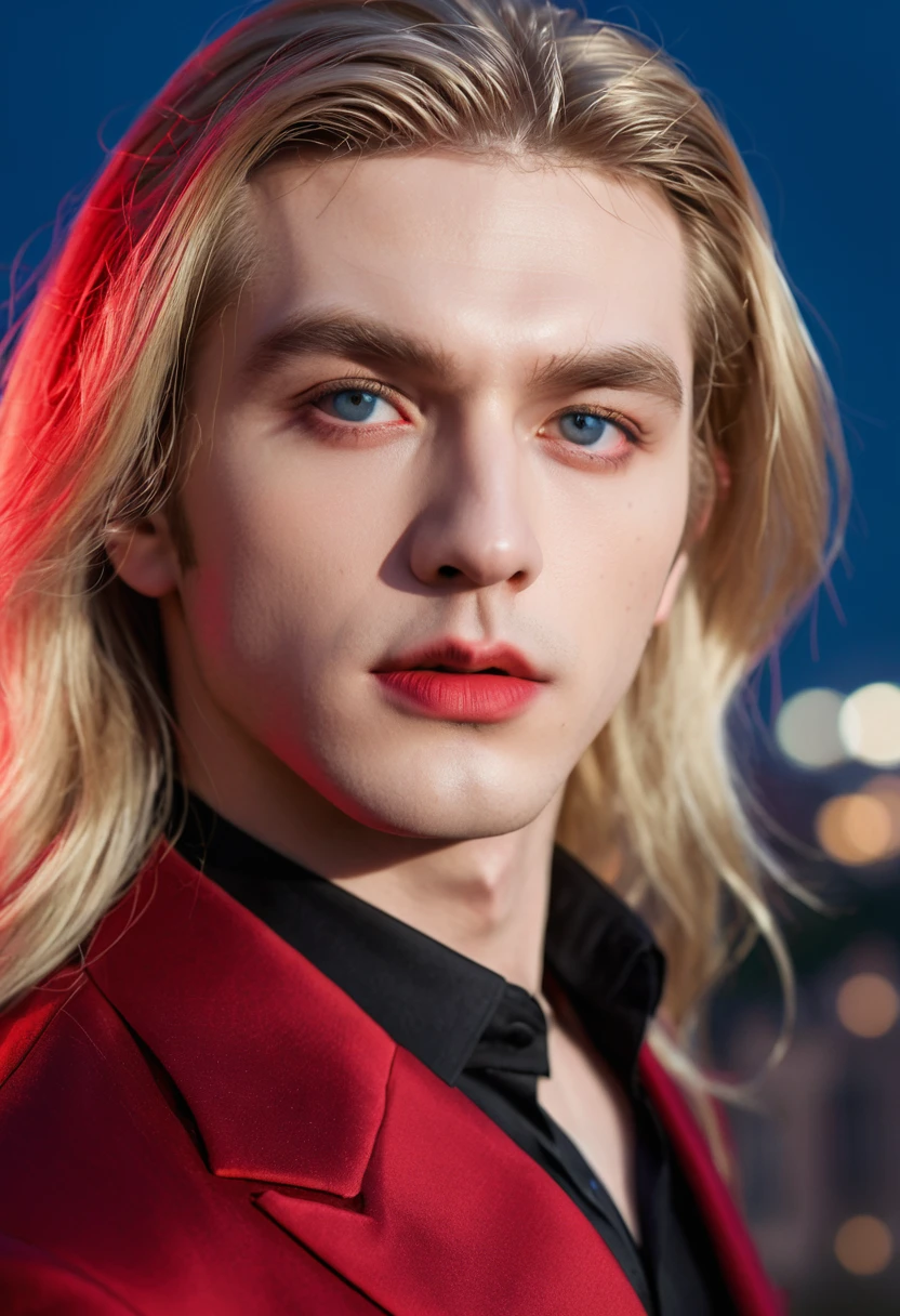 masterpiece, highest quality, (solo focus), (perfect face:1.1), (high detail:1.1), (hyper detailed eyes), dramatic, 1guy, (Pale skin), long blonde hair, (red irises), individual focus, Vampire, long hair, moon, night, Red luxury suit, pouty lips, castle, detailed background, art by artgerm, cinematic lighting, red roses, fashion