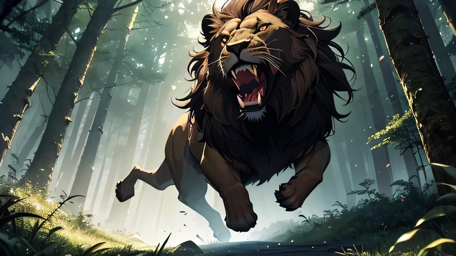 dark brown lion jumping with open jaws to attack violently in a dark and mysterious forest at night, movement scene in the forest, changing lighting, hyper-realistic lighting, cinematic,