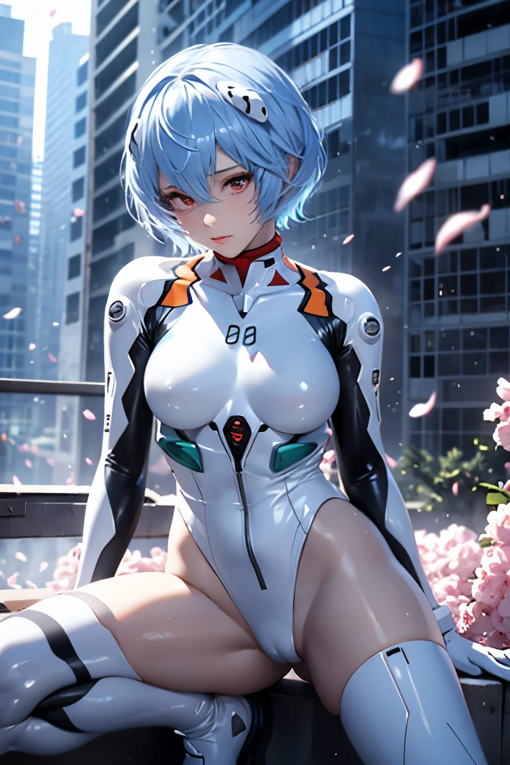 (Realistic, photoRealistic), ayanami, One Girl, Blue Short Hair, White hair ornament, (underwear), Sit on the ground, noon、Sexy pose、Buildings、(Cowboy Shot),(Tabletop, high quality, 最high quality), (colorful),(Delicate eyes and face), Volumetric Light, Ray Tracing, Highly detailed CG Unity 8k wallpaper,alone、((Fluttering petals)),Outdoor, ((cyber punk)), Cyber City, ((Neon Trim)),frontage,(Spread your legs)