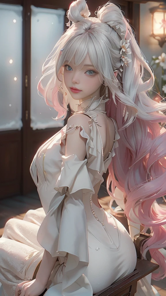 （（best qualtiy））， （（tmasterpiece））， （detail：1.4）， Beautiful cyberpunk female images，hdr（HighDynamicRange），Ray traching，NVIDIA RTX，Hyper-Resolution，illusory 5，sub surface scattering，PBR textures，post-proces，Anisotropy Filtering，depth of fieldaximum definition and sharpnesany-Layer Textures，Albedo e mapas Speculares，Surface coloring，Mitsu-Accurate simulation of material interactions，perfectly proportioned，rendering by octane，Two-colored light，largeaperture，Low ISO，White balance，Rule three points、8K raw data、Beautiful bright blue pupils，off-the-shoulder clothes，Fine pupils，Delicate face and eyes，long eyelasher，Blushlush，Delicate and fluffy hair，pink lip，Pure，Cute face，Sweet girl，Artistic sense，Casual wear，Advancedsense，butterflys，Cherry blossom petal，Beautiful hair accessories，Long hair and waist，Hair fluttering in the wind，Snow-white fox ears，curlies，Snow-white fluffy tail，Positive light，The light from the back window is backlighted