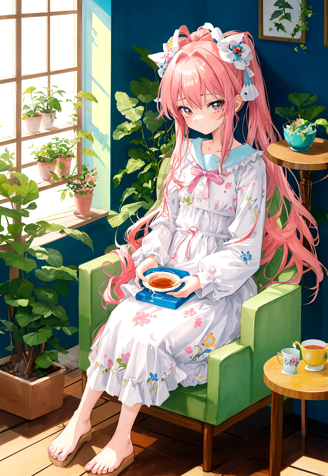 Digital Illustration，Young girl sitting in a chair，Place your feet in a small basin of water，Foot bath，Drink tea，Relax and be happy，Comfortable room，With windows，sunny，plant，Teapot small table，Warm and soft lighting，Cute colorful style，2D anime style，Has a 90s anime aesthetic，Low Fidelity，Highly detailed，With hard disk，A mix of anime style and Fujifilm，Surreal，8K，masterpiece