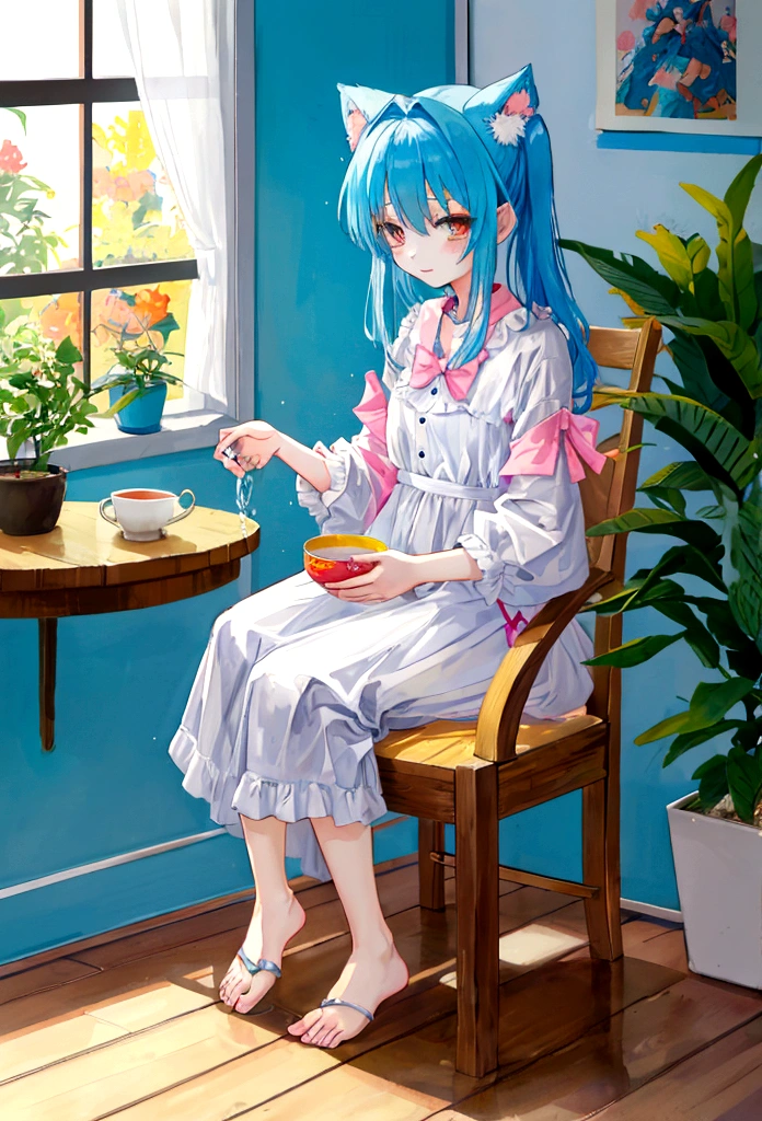 Digital Illustration,Young girl sitting in a chair,Place your feet in a small basin of water,Foot bath,Drink tea,Relax and be happy,Comfortable room,With windows,sunny,plant,Teapot small table,Warm and soft lighting,Cute colorful style,2D anime style,Has a 90s anime aesthetic,Low Fidelity,Highly detailed,With hard disk,A mix of anime style and Fujifilm,Surreal,8K,masterpiece
