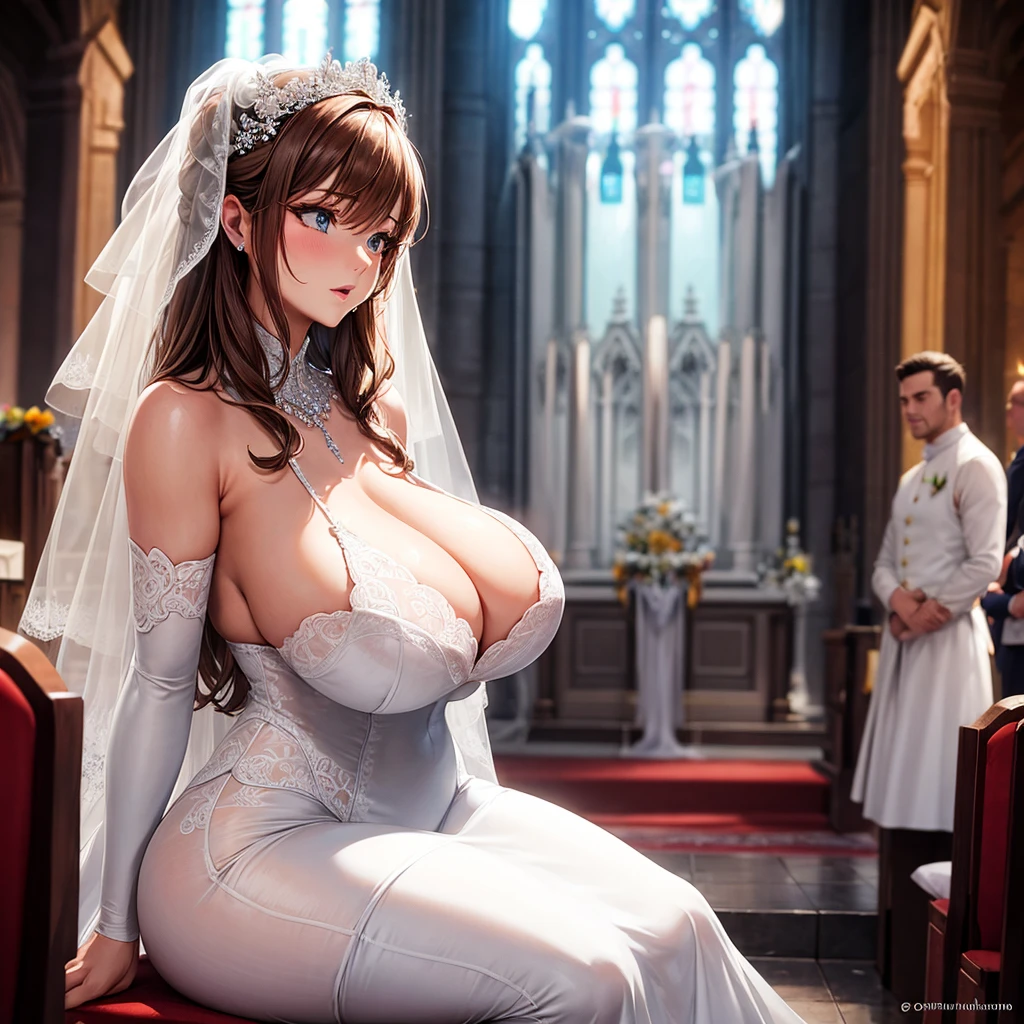 Woman with huge breasts wearing a wedding dress with a provocative neckline waiting at the altar 