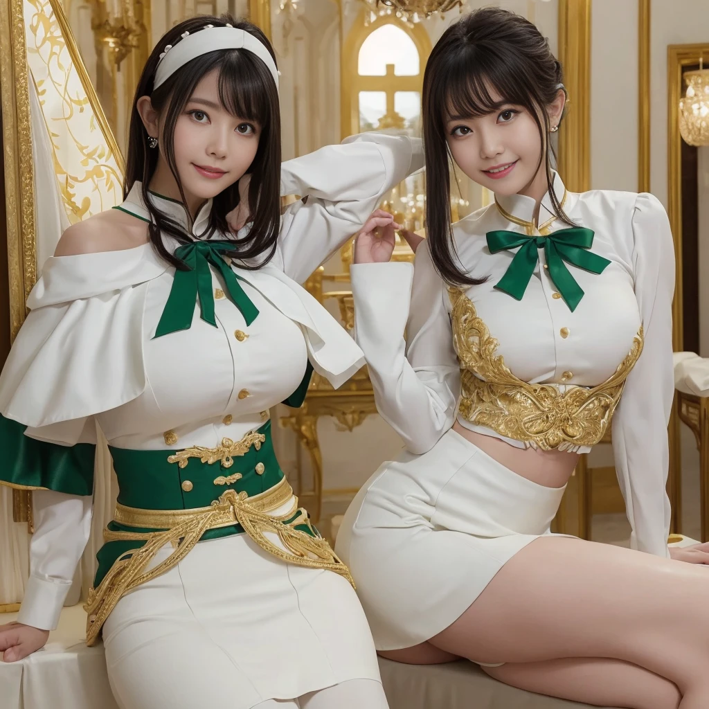 （elite , green, White and gold uniform, White Skirt, White top, green Ribbon, Gold Button, Golden Shoulder Massage、Ass、Black Hair、Big Ass、Inside the palace、Micro Mini Flare Skirt）、Extremely sexy、Glamorous Body、smile、Professional Lighting、Impressive body curves、Beautiful adult woman、Captivating thighs、Very large breasts、Cleavage、Cowboy Shot