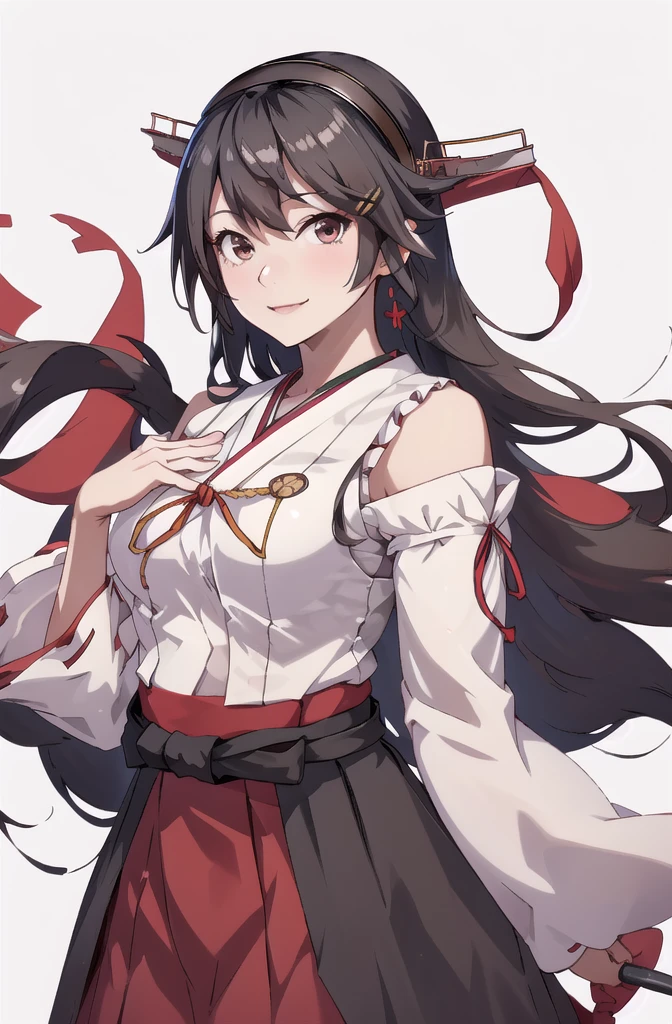 Highest quality, masterpiece, High resolution, 一人in, {Aaron_Kantai Collection:1.15}, black_hair, length_hair, hair_ornament, hairband, brown_eye, hairclip, red面, smile, headgear, chest, Non-traditional_Shrine maiden, hair_between_eye, One Girl, independent_sleeve, Japanese_Clothes, Looking_in_audience, red_skirt, ribbon-trimmed_sleeve, ribbon_trim, skirt, just_shoulder, Simple_background, white_background, Open_mouth, sarashi, wide_sleeve, ((オフィスbackground, リビングbackground))